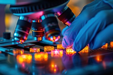 Poster - A person is looking at a microscope with a blue glove on