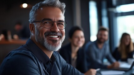 Poster - a smiling businessman engages with colleagues during a collaborative meeting in a modern office sett
