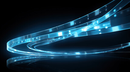 Poster - Abstract blue neon light trails and digital waves on dark background for tech and business design themes.