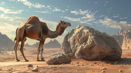 Adorable camel next to boulder in the desert