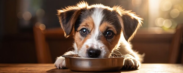 Cute puppy eating from silver bowl in cozy indoor setting during early morning light