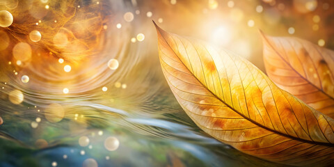 golden leaves of enchantment: two ethereal golden leaves float on a shimmering, magical stream, surr