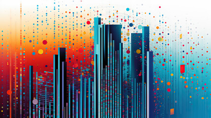 Aufkleber - Visually striking cityscape with warm hues, digital effects, and abstract urban skyline