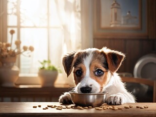 Adorable puppy enjoys delicious meal in cozy kitchen during soft afternoon light