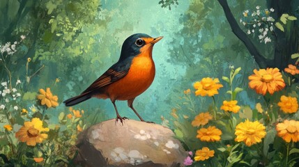 Wall Mural - A Bird Perched on a Rock in a Meadow