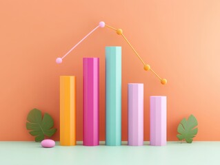 Sales forecast analysis, upward trend lines and bar charts, 3D illustration