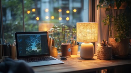 Sticker - Cozy Home Office with Laptop and Lamp