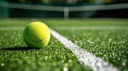 Wall Mural - One new tennis ball on white line in brown soft court with light from right, shadow. Playing sport, attend international competititon or tennis school. Copy space empty place for text