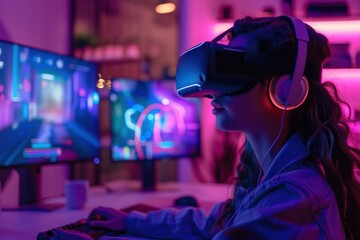 Poster - A woman is playing a video game with a virtual reality headset on