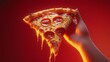© fotofabrika - A hand holding a cheesy pepperoni pizza slice with gooey melted cheese against a warm red background