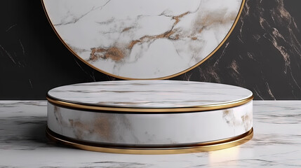 Poster - White marble pedestal with gold in the studio room, mockup stand for presentation.
