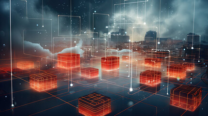 Aufkleber - Concept of a digital city with cloud connections. Futuristic network in the clouds.