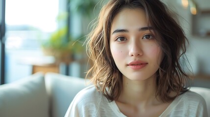 Japanese model displaying smooth, youthful skin, modern living room, soft natural light, calm expression, hd quality, natural look, contemporary design, vibrant and fresh atmosphere,