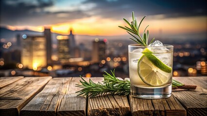 Clear glass filled with icy vodka-based cocktail, garnished with lime wheel and sprig of rosemary, set against rustic wooden background with blurred cityscape.