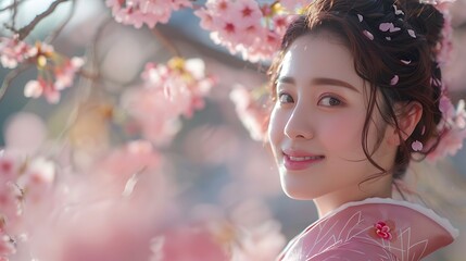 Japanese model enjoying cherry blossoms while using facial lotion, traditional kimono, soft morning light, serene and peaceful expression, hd quality, natural look, vibrant spring colors,