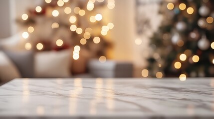 Wall Mural - christmas themed background with a marble table and a warm living room decor featuring a christmas t
