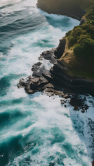 Wall Mural - Aerial view of ocean waves crashing on the shore, showcasing the vibrant blue water and white foam. The image captures the beauty and tranquility of the sea.