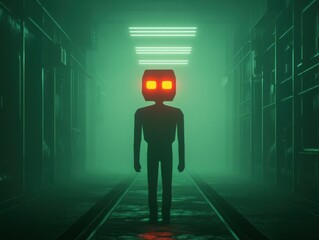 Wall Mural - ghostly ai controlling a haunted factory, eerie glow, 3d illustration