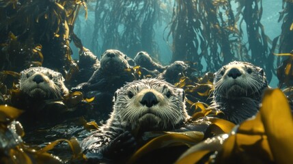 Wall Mural - Curious Sea Otters Amidst Kelp Forest