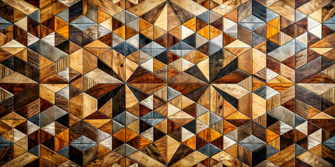 Poster - Geometric Wooden Mosaic: A captivating blend of texture and pattern, this abstract background features a mesmerizing array of wood-grain triangles in warm browns, rich oranges, and vibrant blues. 
