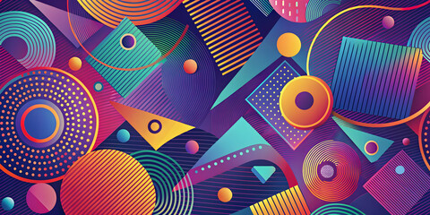 Poster - Abstract Geometric Pattern: Vibrant colors and playful shapes collide in a dynamic, abstract design. Circles, triangles, and lines dance across a deep blue canvas, 