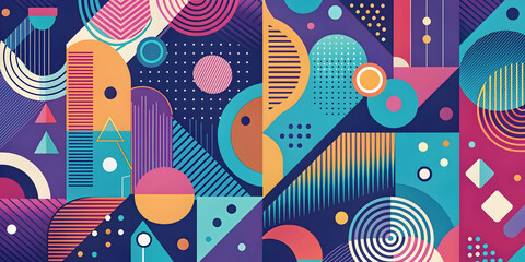 Poster - Abstract Geometric Pattern: Vibrant colors and playful shapes collide in a dynamic, abstract design. Circles, triangles, and lines dance across a deep blue canvas, 