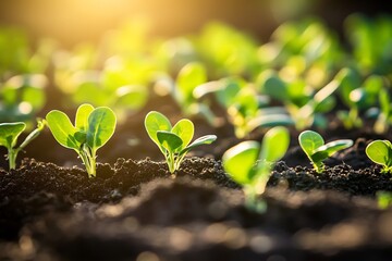 young sprouts growing in the ground, with sunlight shining on them