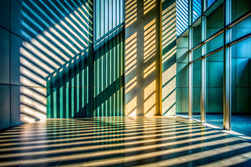 Poster - Sunlight Symphony: Modern architecture sings in a vibrant display of light and shadow, as golden rays dance across a spacious interior. 