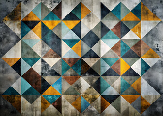 Poster - Vintage Geometric Mosaic: A captivating blend of retro and modern, this textured background features a mesmerizing pattern of colorful triangles, 