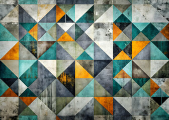 Poster - Vintage Geometric Mosaic: A captivating blend of retro and modern, this textured background features a mesmerizing pattern of colorful triangles, 
