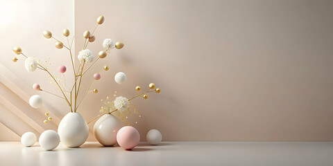 Poster - golden elegance: a symphony of gold and white, this 3d render features delicate leaves, shimmering s
