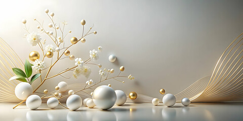 Poster - golden elegance: a symphony of gold and white, this 3d render features delicate leaves, shimmering s