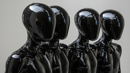 Four people in black plastic suits with reflective surfaces