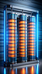Poster - Powerhouse of Innovation: Glowing cylindrical servers power the future in a high-tech data center, representing cutting-edge technology and digital infrastructure.