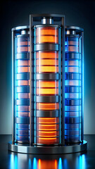 Poster - Powerhouse of Innovation: Glowing cylindrical servers power the future in a high-tech data center, representing cutting-edge technology and digital infrastructure.