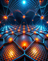 Poster - Cybernetic Honeycomb: A futuristic metallic structure with glowing blue and orange lights, resembling a honeycomb.  