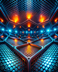 Poster - Cybernetic Honeycomb: A futuristic metallic structure with glowing blue and orange lights, resembling a honeycomb.  