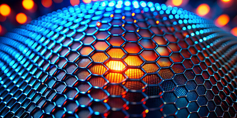 Poster - Glowing Hexagonal Network: A vibrant, abstract composition of a hexagonal lattice illuminated with glowing nodes, evoking futuristic technology and nanotechnology. 