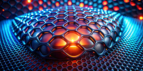 Poster - Glowing Hexagonal Network: A vibrant, abstract composition of a hexagonal lattice illuminated with glowing nodes, evoking futuristic technology and nanotechnology. 