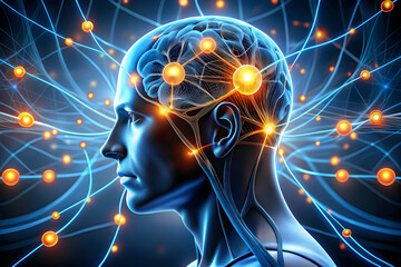 Poster - the illuminated mind: a silhouette of the human head with a glowing brain, connected by a network of