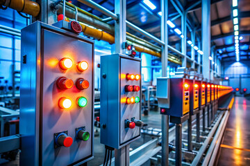Poster - Industrial Control Panel: A row of control panels in a modern factory setting, featuring a close-up of blinking red, yellow, and green lights, suggesting automation, technology, and the intricate work