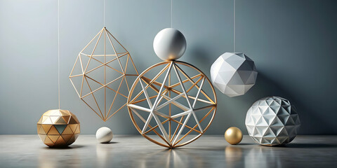 Poster - geometric abstract: a minimalist and elegant scene with geometric shapes suspended in mid-air, creat