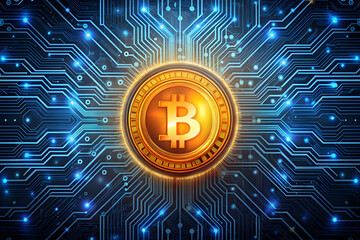 Poster - Bitcoin's Digital Dominion: A gleaming Bitcoin coin takes center stage, encased within a futuristic circuit board, symbolizing the cryptocurrency's dominance in the digital realm. 