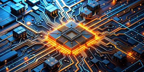 Poster - The Heart of Innovation: A vibrant, close-up view of a glowing central processing unit (CPU) surrounded by intricate circuits and connections, symbolizing the power and complexity of modern technology