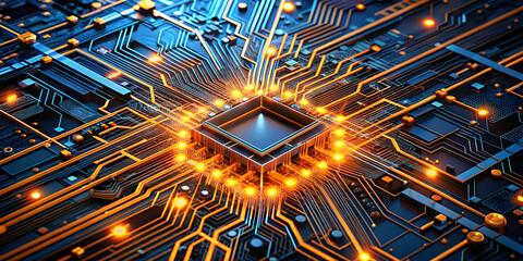 Poster - The Heart of Innovation: A vibrant, close-up view of a glowing central processing unit (CPU) surrounded by intricate circuits and connections, symbolizing the power and complexity of modern technology