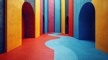 Poster - A colorful room with a blue and red line running through it