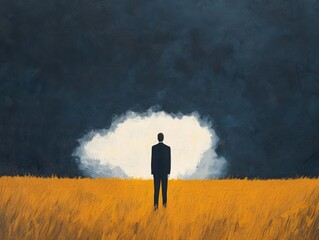 Wall Mural - a figure standing in a rain-soaked field with sunlight breaking through the clouds, symbolizing the 