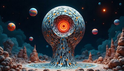 Wall Mural - A large, glowing, circular structure with intricate patterns and layers, surrounded by smaller spherical objects in a dark, cosmic environment