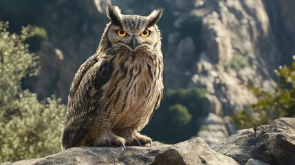 Wall Mural - Eagle Owl Perched on a Rocky Cliff