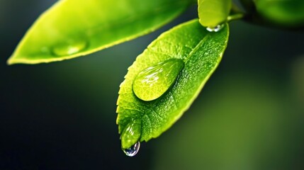 Wall Mural - Close-up of dew on vibrant green leaves in early morning light